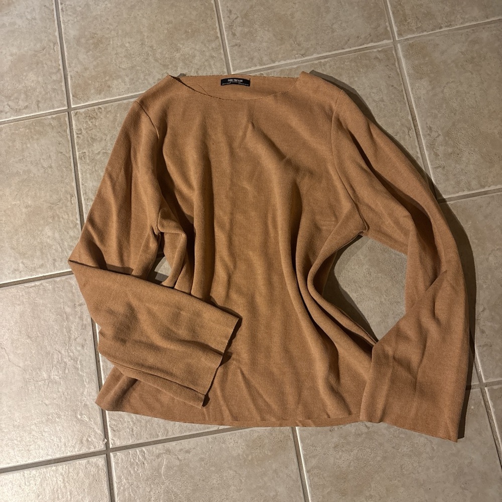 Zara Tan Crewneck Sweater Soft Knit Minimalist Design